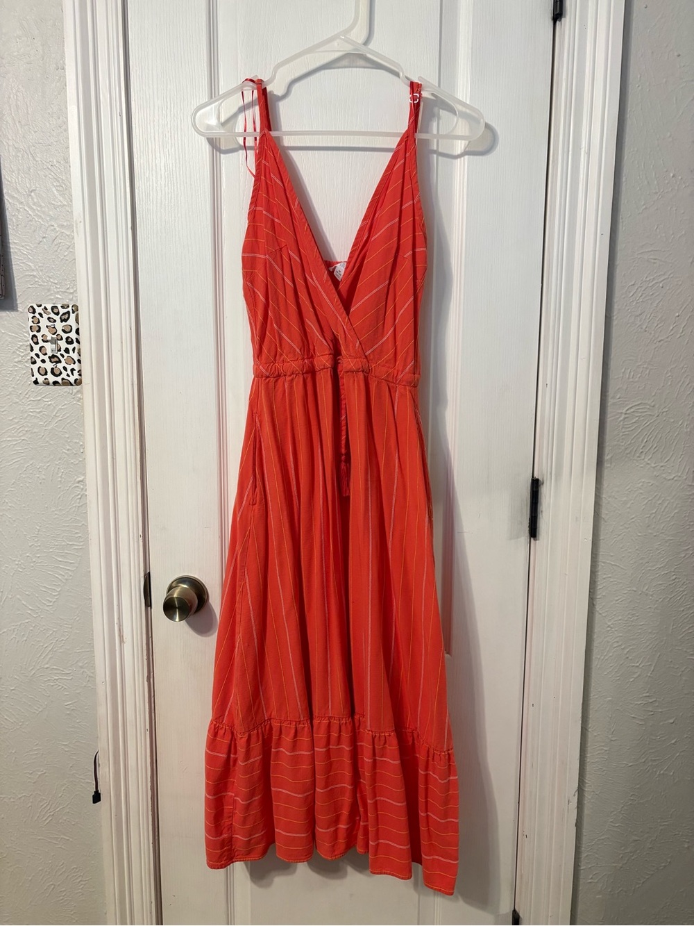 Time and Tru Coral-Orange Striped V-Neck Maxi Dress